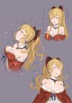  bad_twitter_id bare_shoulders blonde_hair breasts cleavage closed_eyes cum cum_on_body cum_on_breasts cum_on_upper_body granblue_fantasy hair_ribbon hanarito large_breasts multiple_views partially_translated ponytail red_eyes ribbon translation_request vira_lilie 