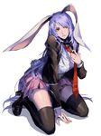  animal_ears black_legwear bunny_ears bunny_tail full_body highres jacket kneeling lavender_hair long_hair long_sleeves looking_to_the_side necktie parted_lips red_eyes reisen_udongein_inaba ruukii_drift shirt shoes simple_background skirt solo tail thighhighs touhou very_long_hair white_background zettai_ryouiki 