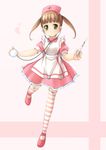  apron brown_hair dress garter_straps green_eyes hat long_hair mary_janes nurse original pink_dress shibacha shoes solo standing standing_on_one_leg stethoscope striped striped_legwear syringe thighhighs twintails 