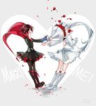  blush boots bouquet brown_hair cape dress english flower gradient_hair hand_to_own_mouth heart in_the_face jewelry jumping kuma_(bloodycolor) long_hair multicolored_hair multiple_girls pantyhose proposal red_hair ring rose ruby_rose rwby short_hair side_ponytail silver_eyes sparkle tears wedding_ring weiss_schnee white_hair yuri 