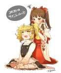  2girls :d adjusting_another&#039;s_hair alternate_hairstyle ascot blonde_hair bow brown_eyes brown_hair commentary_request detached_sleeves eyebrows_visible_through_hair hair_bow hair_tubes hakurei_reimu indian_style kirisame_marisa kneeling multiple_girls no_hat no_headwear open_mouth papiko_(papiko8901) red_bow short_hair simple_background sitting smile touhou translation_request twintails twintails_day white_background wide_sleeves yellow_eyes yellow_neckwear 