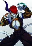  abs armor blue_skin breasts cleavage clenched_hands fangs fighting_stance fur_collar hair_over_one_eye horn koi_drake large_breasts looking_at_viewer muscle muscular_female pointy_ears red_hair short_hair sidelocks simple_background solo tail vambraces white_background yellow_eyes 