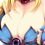  bare_shoulders blonde_hair breasts brooch close-up dark_magician_girl duel_monster hand_under_clothes head_out_of_frame highres jewelry large_breasts shiny shiny_clothes shiny_skin solo strapless tsukasawa_takamatsu upper_body yuu-gi-ou yuu-gi-ou_duel_monsters 