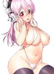  bangs black_legwear blush breasts cleavage cowboy_shot embarrassed groin hair_between_eyes halterneck hands_in_hair hands_on_own_cheeks hands_on_own_face headphones highres large_breasts long_hair looking_at_viewer navel nitroplus onsoku_maru open_mouth pink_hair plump red_eyes simple_background skindentation slingshot_swimsuit solo stomach strap_gap super_sonico swimsuit thighhighs white_background white_swimsuit 