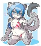  2017 acky05_(artist) anthro bikini blue_eyes blue_hair blush breasts clothing felid female fur grey_fur hair inner_ear_fluff kneeling looking_at_viewer mammal pantherine snow_leopard solo spots spotted_fur suzune_(acky05) swimsuit tongue tongue_out united_states_of_america white_fur 