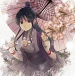 ayasato_mayoi bangs black_hair bracelet clenched_hands flower grbrt gyakuten_saiban hair_ornament jewelry long_hair looking_at_viewer magatama over_shoulder parasol smile solo umbrella updo 