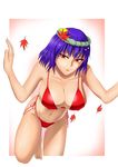  amagin bad_id bad_pixiv_id barefoot bikini breasts cleavage covered_nipples large_breasts leaf leaning_forward maple_leaf purple_hair red_bikini red_eyes short_hair side-tie_bikini solo swimsuit touhou yasaka_kanako 