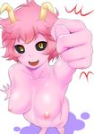  :d ashido_mina black_sclera boku_no_hero_academia breasts fangs fig_sign from_above highres horns large_breasts navel nipples nude open_mouth pink_hair pink_skin smile solo tomatto_(@ma!) yellow_eyes 