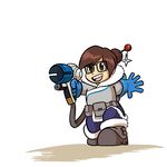  beads brown_eyes brown_hair chibi commentary glasses gloves gun hair_bun hair_ornament hair_stick highres josue_pereira mei_(overwatch) overwatch short_hair solo weapon 