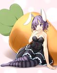  animal_ears breasts bunny_ears carrot cleavage dress hand_to_own_mouth medium_breasts open_mouth original oversized_object pantyhose purple_eyes purple_hair shibacha short_hair sitting smile solo strapless strapless_dress striped striped_legwear 