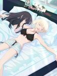  2girls bed bed_sheet bikini bikini_under_clothes black_bikini black_hair black_shirt blonde_hair breasts breasts_apart closed_eyes futaba_(rei-futaba) groin highres indoors inoue_takina lycoris_recoil lying medium_breasts midriff multiple_girls navel nishikigi_chisato on_back on_bed on_stomach open_fly open_mouth pillow saliva shirt shorts side-tie_peek sleeping swimsuit t-shirt unbuttoned unbuttoned_shorts unzipped white_shorts window yuri zipper zipper_pull_tab 