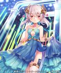  bare_shoulders dress flat_chest gloves hair_between_eyes horns long_hair official_art red_eyes senjou_no_electro_girl shina_shina solo thighlet white_hair 