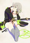  cape garters green_eyes grey_legwear hat hat_removed headwear_removed hima_(ab_gata) hotarumaru kneehighs male_focus no_shoes ootachi shorts silver_hair sitting sock_garters sock_pull solo sword touken_ranbu weapon 