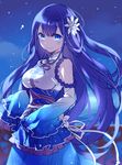  bangs bare_shoulders blue blue_eyes blue_hair blush breasts chinese_clothes cowboy_shot detached_sleeves flower frills hair_flower hair_ornament hijiri_(resetter) large_breasts long_hair looking_at_viewer merc_storia night night_sky railing ryunrii sash sky sleeves_past_wrists smile solo star_(sky) starry_sky underbust very_long_hair water 