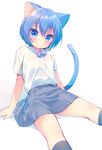  animal_ears arm_support bad_id bad_twitter_id bangs black_legwear blue_eyes blue_hair blue_skirt blush bow bowtie cat_ears cat_girl cat_tail collared_shirt commentary_request dress_shirt eyebrows_visible_through_hair hair_between_eyes head_tilt inactive_account kneehighs looking_at_viewer onka original parted_lips pleated_skirt purple_neckwear shirt short_hair short_sleeves simple_background sitting skirt solo tail usashiro_mani white_background white_shirt 