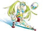  adapted_costume blonde_hair blue_leotard boots elbow_pads knee_pads leotard long_hair mask motion_blur rainbow_mika short_shorts shorts solo sportswear street_fighter twintails volleyball volleyball_uniform wild007 