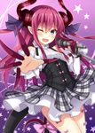  ;d alternate_costume bare_shoulders blue_eyes blush breasts checkered checkered_skirt claws demon_tail detached_sleeves elizabeth_bathory_(fate) elizabeth_bathory_(fate)_(all) fang fate/extra fate/extra_ccc fate_(series) frills hair_between_eyes hair_ornament hair_ribbon holding holding_microphone horns komori_kuzuyu long_hair looking_at_viewer microphone one_eye_closed open_mouth pink_hair pink_ribbon pointy_ears ribbon rojiura_satsuki:_chapter_heroine_sanctuary skirt small_breasts smile solo star tail tail_ribbon thighs two_side_up 