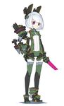  absurdres android cheri_zao dagger full_body green_legwear headgear highres machinery original pink_eyes robot_joints short_hair simple_background solo standing thighhighs weapon white_background white_hair zettai_ryouiki 