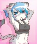  2017 acky05_(artist) anthro blue_eyes blue_hair blush bottomless breasts clothed clothing felid female fur grey_fur hair hands_behind_head inner_ear_fluff looking_at_viewer mammal pantherine partially_clothed pink_background shadow simple_background snow_leopard solo spots spotted_fur standing suzune_(acky05) topwear white_fur 