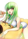  :o =_= bare_legs bare_shoulders blush breast_press breasts c.c. cheese cheese-kun cheese_trail code_geass collarbone dress eating eyebrows eyebrows_visible_through_hair food green_hair hair_between_eyes highres holding holding_food holding_pizza large_breasts long_hair looking_at_viewer lying mushroom on_stomach open_mouth pizza skin_tight slice_of_pizza solo straddling thighs tomato tongue tsurime vegetable very_long_hair white_dress yellow_eyes yu-ta 