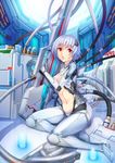  absurdres bangs blue_hair blurry bodysuit breasts center_opening cleavage dated def_(chronowarld) depth_of_field eyebrows eyebrows_visible_through_hair gloves glowing gun highres holding looking_at_viewer looking_up machinery mecha_musume medium_breasts open_mouth original red_eyes silver_hair sitting solo stomach tube weapon yokozuwari 