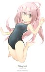  ahoge barefoot blush brown_eyes highres jumping konno_takashi long_hair looking_at_viewer one-piece_swimsuit open_mouth original pink_hair school_swimsuit solo swimsuit 
