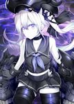  amputee bangs black_gloves collar collarbone cuffs destroyer_hime gloves hair_between_eyes kantai_collection long_hair midriff navel pale_skin purple_eyes revision rui_shi_(rayze_ray) sailor_collar shinkaisei-kan side_ponytail sitting solo white_hair 