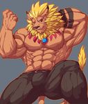  2016 abs anthro armpits beard biceps big_muscles black_nose clothed clothing collar digimon digital_media_(artwork) ear_piercing facial_hair fur green_eyes grey_background hand_behind_head leomon looking_at_viewer male mane muscular nipples orange_fur pants pecs piercing raised_tail simple_background solo stan suggestive_pose tail_tuft topless tuft 