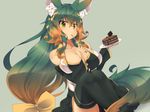  animal_ears breasts brown_hair cleavage foxgirl green_eyes kuromiya kuromiya_raika long_hair original skirt tail thighhighs underwear waifu2x 