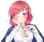  blush collarbone cup drink drinking_glass eyebrows eyebrows_visible_through_hair hachinatsu hand_on_own_face highres holding holding_cup looking_at_viewer love_live! love_live!_school_idol_project nishikino_maki one_eye_closed purple_eyes red_hair shirt shirt_on_shoulders simple_background smile solo star white_background white_shirt 