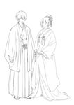  1girl chitanda_eru fan greyscale hair_bun hyouka japanese_clothes kimono lineart monochrome oreki_houtarou riku_(lingsky) short_hair standing wedding 