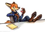  2016 anthro badge brown_eyes brown_fur canine claws clothed clothing disney doughnut eating eyewear folder food fox front_view fur kenket licking licking_lips looking_away mammal nick_wilde orange_body orange_fur pawpads paws police_uniform simple_background smile sunglasses table tongue tongue_out uniform white_background white_fur white_sclera zootopia 