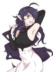  1boy ahoge androgynous ashuramaru asura_tepes asuramaru asymmetrical_bangs bare_shoulders black_demon_series demon dress fang fingerless_gloves gloves hair_ornament hair_ornaments hair_over_one_eye headband horns long_hair owari_no_seraph pointy_ear pointy_ears purple_hair red_eyes smile solo trap wavy_hair 