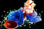  alcohol bare_shoulders blonde_hair blush bottle cherry_blossoms cup horn hoshiguma_yuugi hoshiguma_yuugi_(promo) japanese_clothes kimono kneeling long_hair looking_at_viewer masaharu_(nuaa) petals red_eyes sakazuki sake sake_bottle solo touhou 