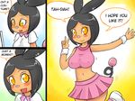  anthro basketgardevoir big_breasts black_hair blush breasts camera clothing english_text female hair live looking_at_viewer navel nintendo open_mouth pink_tail pok&eacute;mon red_eyes red_skin skirt smile tepig text video_games 