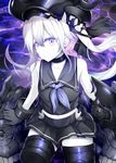  amputee bangs black_gloves collar collarbone cuffs destroyer_hime gloves hair_between_eyes kantai_collection long_hair md5_mismatch midriff navel pale_skin purple_eyes rui_shi_(rayze_ray) sailor_collar shinkaisei-kan side_ponytail sitting solo white_hair 