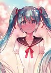  absurdres blue_eyes blurry blurry_background blush cherry_blossoms closed_mouth collarbone dappled_sunlight day frilled_sleeves frills gradient_hair hair_between_eyes hair_ribbon hatsune_miku heterochromia highres long_hair looking_at_viewer multicolored_hair outdoors petals pink_eyes plant red_ribbon ribbon sailor_collar shade shadow shirt short_sleeves sidelocks silver_hair smile solo spring_(season) sunlight tareme tiny_(tini3030) tree twintails upper_body vocaloid white_shirt 