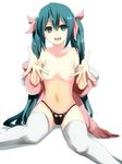  black_panties breasts hatsune_miku hijiri-tukasa long_hair looking_at_viewer navel off_shoulder open_clothes open_mouth open_shirt panties shirt sitting small_breasts solo thighhighs twintails underwear very_long_hair vocaloid white_background white_legwear 