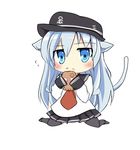  anchor_symbol animal_ears black_legwear blue_eyes blush cat_ears cat_tail chibi commentary_request eating flat_cap food food_on_face hat hibiki_(kantai_collection) highres holding holding_food kantai_collection kemonomimi_mode long_hair looking_at_viewer md5_mismatch neckerchief pleated_skirt school_uniform serafuku silver_hair sitting skirt sleeves_past_wrists solo tail taiyaki thighhighs wagashi wariza yuu_(alsiel) 