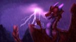  2018 day digital_media_(artwork) dragon feral horn lightning membranous_wings open_mouth outside purple_eyes raining scalie solo tarkir teeth tongue western_dragon wings 