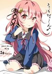  :3 :p absurdres ahoge artist_name black_skirt bunny_hair_ornament commentary crescent crescent_hair_ornament hair_ornament hair_ribbon highres kantai_collection long_hair long_sleeves paintbrush pink_eyes pink_hair pleated_skirt ribbon ryuki_(ryukisukune) school_uniform serafuku sitting skirt socks solo tongue tongue_out translated uzuki_(kantai_collection) very_long_hair 