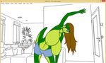  big_breasts blue_eyes breasts brown_hair clothed clothing female hair hanging_breasts huge_breasts lizard reptile samantha_brooks sarcolopter scalie simple_background solo standing topless 