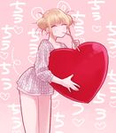  ^_^ alternate_costume bad_id bad_pixiv_id bangs blonde_hair blunt_bangs boku_no_hero_academia closed_eyes cowboy_shot dotted_line double_bun dress drinking_straw eyelashes heart holding leaning_forward messy_hair mouth_hold oversized_object pink_background sidelocks sleeves_past_elbows smile solo toga_himiko yoshitaro_(almendra) 
