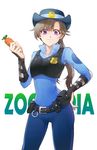  bad_id bad_pixiv_id belt brown_hair copyright_name female_service_cap gloves hand_on_hip hat highres judy_hopps long_hair looking_at_viewer police police_badge police_uniform policewoman purple_eyes rlo simple_background smile solo twintails uniform white_background zootopia 