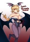  amputee bangs bare_shoulders bat_wings black_leotard blonde_hair blush breasts character_name cleavage collarbone cosplay demon_girl eyebrows eyebrows_visible_through_hair fur_trim gloves gradient gradient_background grin head_wings heart_cutout hellsing highleg highleg_leotard highres large_breasts leg_up leotard long_hair morrigan_aensland morrigan_aensland_(cosplay) multiple_wings navel navel_cutout no_shoes one_eye_covered pantyhose pointing purple_legwear purple_wings red_background red_eyes seras_victoria smile solo standing standing_on_one_leg strapless succubus the_golden_smurf twintails vampire_(game) wings 