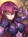  ;) bodysuit breasts closed_mouth covered_nipples fate/grand_order fate_(series) highres long_hair looking_at_viewer medium_breasts one_eye_closed purple_bodysuit purple_hair red_eyes scathach_(fate)_(all) scathach_(fate/grand_order) smile solo tsurugi_ai_(seikan_hitchhiker) w 