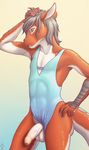  2015 5_fingers abs aixarata anthro balls clothed clothing digital_media_(artwork) dragon gradient_background grey_hair grey_scales hair hand_on_head hand_on_hip humanoid_penis male multicolored_scales one-piece_swimsuit open_mouth orange_scales penis portrait pose red_(aixarata) scales scalie sharp_teeth simple_background solo swimsuit teeth three-quarter_portrait uncut vein veiny_penis wet white_scales yellow_eyes 