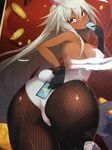  ass backless_outfit bare_shoulders blonde_hair breasts brown_eyes bunny_tail bunnysuit coin covered_nipples dark_skin fishnet_pantyhose fishnets high_heels highres large_breasts long_hair looking_at_viewer minoa_(lastswallow) pantyhose photo pointy_ears sansei_muramasa side_ponytail solo soukou_akki_muramasa tail trefoil very_long_hair 