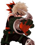  armor bad_id bad_pixiv_id bakugou_katsuki bangs belt boku_no_hero_academia gloves grin hair_between_eyes light_brown_hair male_focus mask official_style outstretched_arm pants red_eyes simple_background smile solo spiked_hair white_background yoshitaro_(almendra) 