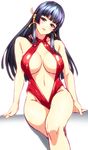  846-gou arm_support bangs black_hair blunt_bangs blush breasts breasts_apart center_opening cleavage commentary_request cowboy_shot crossed_legs dead_or_alive groin hair_ribbon halterneck head_tilt highleg highres hime_cut large_breasts long_hair looking_at_viewer mole mole_under_mouth navel no_wings nyotengu parted_lips purple_eyes red_swimsuit ribbon shadow sidelocks simple_background sitting sketch slingshot_swimsuit smile solo swimsuit tress_ribbon white_background 